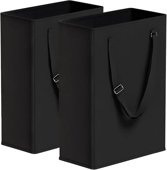 Slim Laundry Hamper with Adjustable Long Handles, 45L Small Laundry Baskets with Mesh Top, Narrow Dirty Clothes Hamper for Bedroom, Closet, and Bathroom - Black, 2 Packs