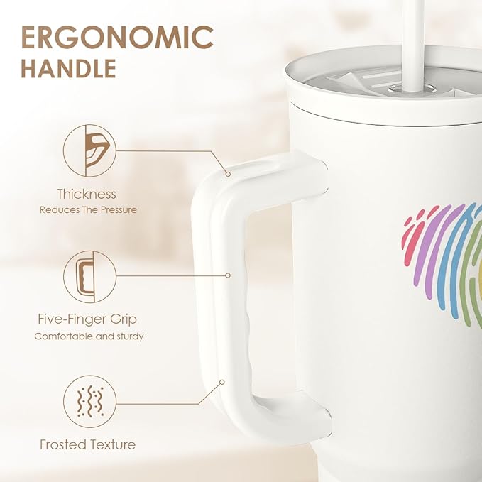 SANDJEST LGBT 40oz Tumbler with Handle and Straw, Insulated Stainless Steel Travel Coffee Mug for Gay Lesbian Adults Friends, Gift Idea for Birthday Christmas Pride Month (Heart Fingerprints)