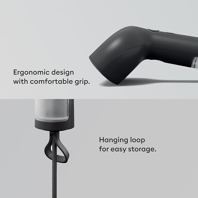Steamery Handheld Clothes Steamer Cirrus Core, 1350W, Steam Output 0.74 oz/min, Heat up in 15 Seconds, Dry Steam Technology, Hanging Loop, Visible Water Tank, Portable, Scandinavian Design, Black