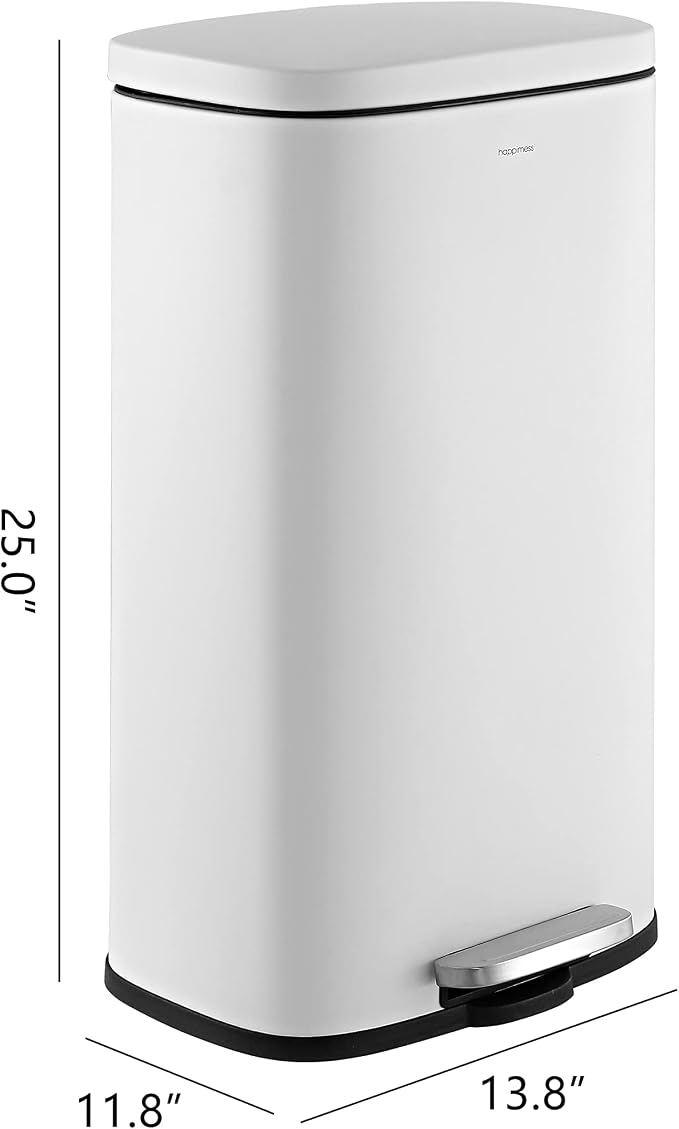 happimess HPM1011C Curtis 8-Gallon Step-Open Trash Can with Soft-Close Lid, Modern, Minimalistic, Fingerprint Proof for Home, Kitchen, Laundry Room, Office, Bedroom, Bathroom, White