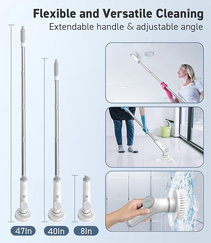 Electric Spin Scrubber, VEWIOR Cordless Shower Scrubber with 3 Adjustable Angle, Cleaning Brush with 2 Speeds 3 Replaceable Brush Heads for Bathroom Kitchen Tub