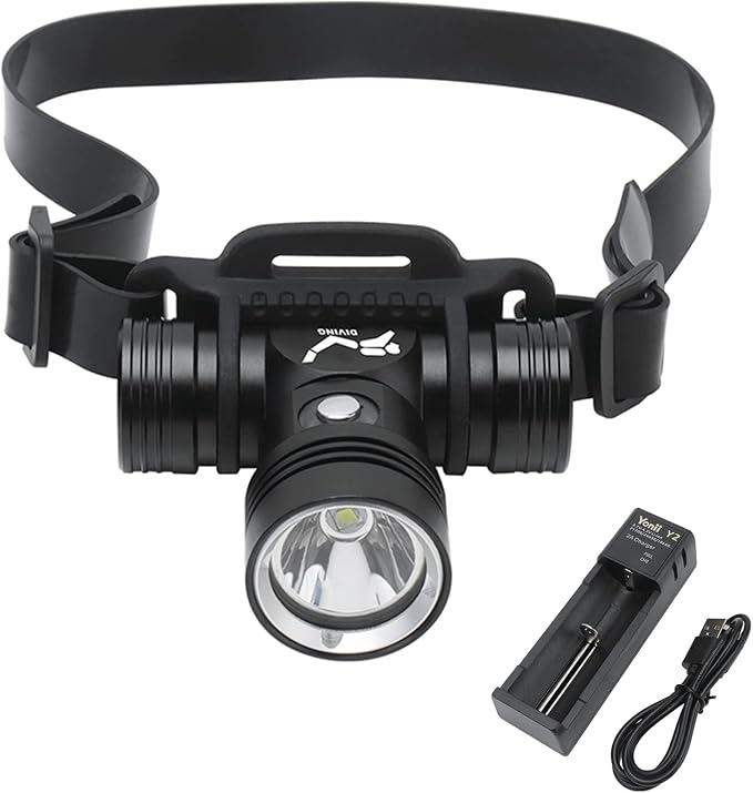 BORUIT B14 Rechargeable Diving Headlamp Flashlight IPX8 Waterproof Head Lamp Super Bright - 3 Light Mode Underwater 60M Swimming Headlight fit Adult Fishing Scuba Water Work