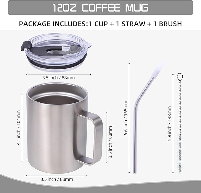 Volhoply 12oz Insulated Leakproof Coffee Mug with Flip & Straw Lid Bulk 2 Pack,Double Wall Vacuum Stainless Steel Travel Tumbler Cup with Handle,Reusable Camping Mugs Keep Cold/Hot(Silver,2 Set)