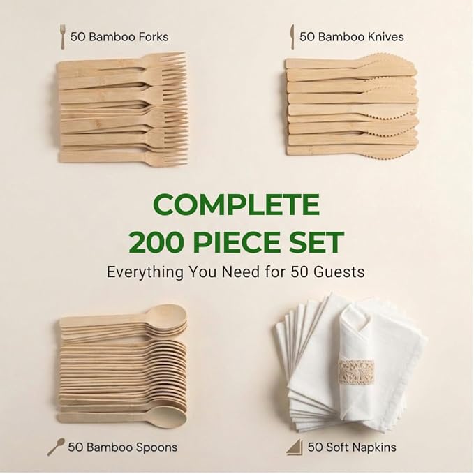 Pre Rolled Napkin and Bamboo Cutlery Set - 30 Pack Bamboo Utensils Wooden Cutlery 30 Forks 30 Knives 30 Spoons 30 Napkins, Pre Wrapped Disposable Silverware Cutlery for Party, Wedding, Events