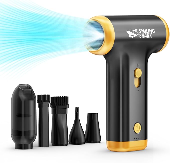 Smiling Shark Compressed Air Duster, JF-01 Brushless Motor Stepless Speed 130000RPM 5Kpa Rechargeable Cordless Electric Air Blower with LED Light for PC Cleaning/Keyboard/Car/Camping, (PRO Black)