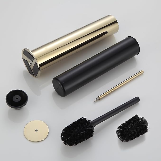 BGL Toilet Brush and Holder Set, Heavy Duty 304 Stainless Steel, Round Base and Long Handle for Bathroom Deep Cleaning, Drip-Proof, Space Saving for Storag, Polished Gold