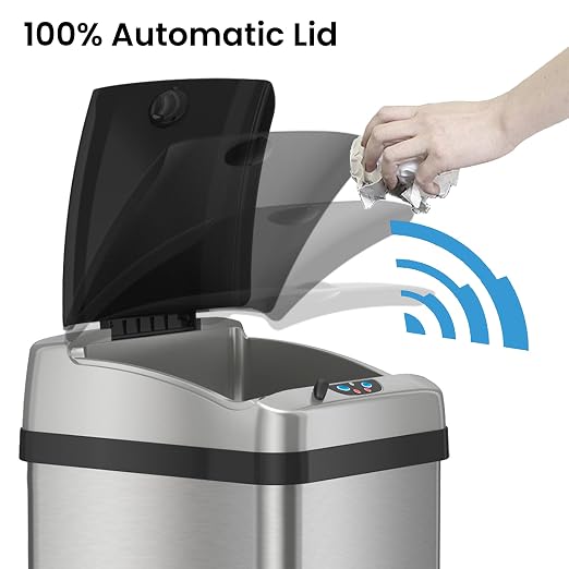 iTouchless Touchless Trash Can with AC Adapter and 10 Premium Bags, Odor Control System, Big Lid Opening Sensor Kitchen Garbage Bin, 13 Gallon, Stainless Steel, Platinum