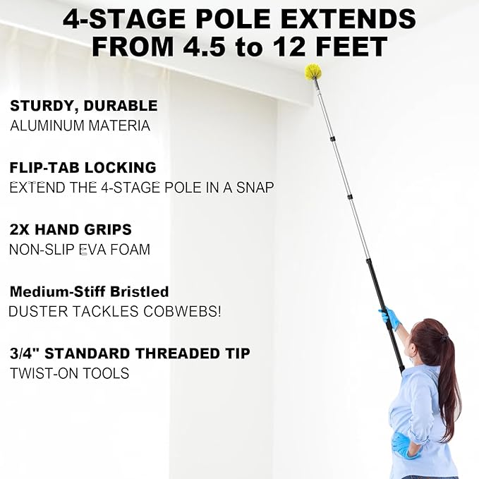 ARTIPOLY 4-12ft Cobweb Duster with Extension Pole, 20 Foot High Reach Feather Dusters with Bristles for Cleaning Outdoor Indoor, 4-Stage Spider Web Remover with Telescopic Pole for Ceiling Wall Yellow