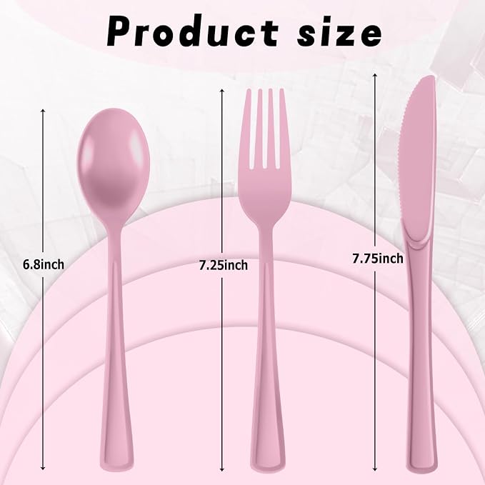 Plastic Silverware 300 PCS Disposable Silverware Heavy Duty Utensil Sets 100 Of Each Forks Knives & Spoons Disposable Cutlery Set For Easter,Birthday,Baby Shower,Garden Party,Wedding(300,Pink)
