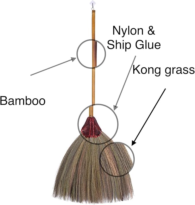 SKENNOVA - Overall Length 39-40 inch of Old Traditional Authentic Natural Grass Broom Bamboo Stick Handle