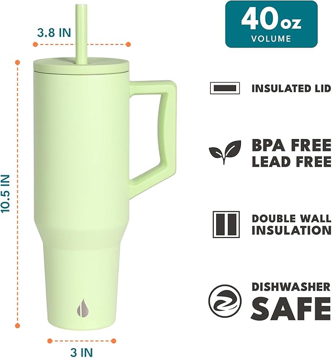 Elemental 40 oz Tumbler with Handle and Straw - Spill Proof Insulated Stainless Steel Commuter for Cold Beverages - Travel Coffee Mug with 2 Straws & Spill Proof Lid - 40oz - Key Lime