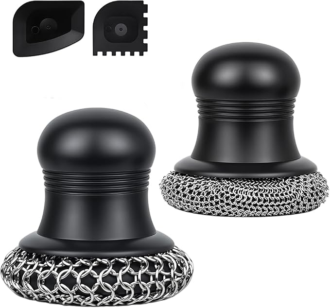316 Upgraded Cast Iron Scrubber with Pan Scraper,Cast Iron Cleaner for Grill Pan Skillet Wok Carbon Steel,Ergonomic to Hold Easy to Use Dishwasher Safe ((Small&Large Chainmail,2pcs))