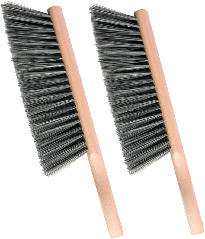 Soft Bristle Bench Brush Wooden Handle14 Inch Long (2pcs Gray) | Non-Scratch Foxtail for Upholstery Furniture Couch Sofa Shop Counter and Bed, Good Grip Short Handle Dust Removal