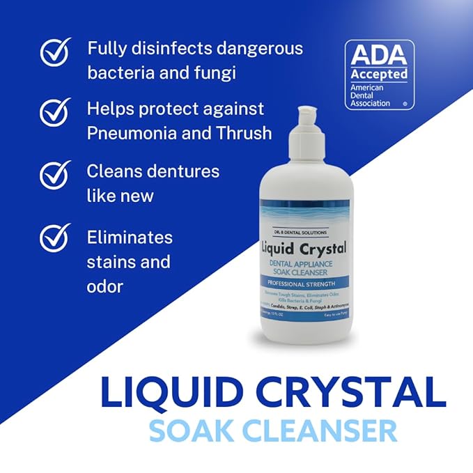 Dr. B Dental Solutions Liquid Crystal Soak Cleanser - Deep Cleaning Formula for Dentures, Retainers, Teeth Aligners, Night Guards & Oral Appliances - Removes Stains, Odors, & Germs - 12 oz