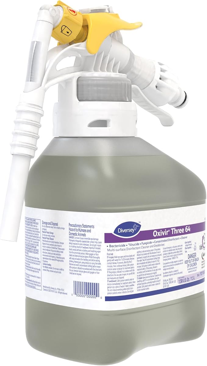 Oxivir Diversey 101106006 Three 64 Disinfectant Cleaner, Multi Purpose Hard Surface Cleaner, Hydrogen Peroxide Based Concentrate, Unscented, Ready-to-Dispense, 1.5-Liter (Pack of 2)