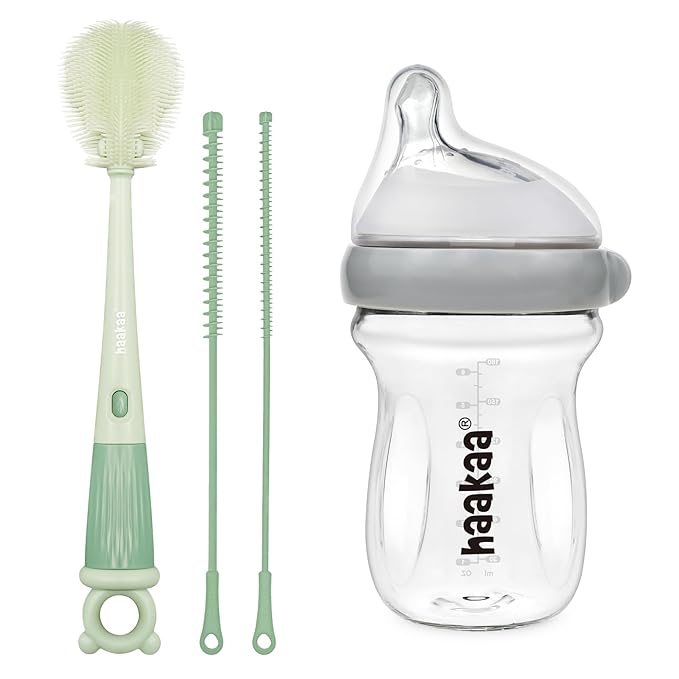 haakaa Gen.3 Natural Glass Baby Bottle&5-in-1 Cleaning Brush Set-Anti-Colic Varibale Flow Nipple for 6m+ Breastfed Babies-Baby Bottle Brush & Bottle Brush Cleaner