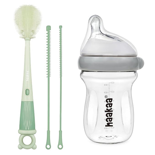haakaa Gen.3 Natural Glass Baby Bottle&5-in-1 Cleaning Brush Set-Anti-Colic Varibale Flow Nipple for 6m+ Breastfed Babies-Baby Bottle Brush & Bottle Brush Cleaner