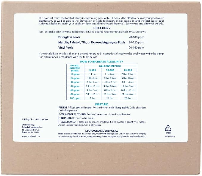 Robelle 20-Pounds Premium Alkalinity Up for Pools, Alkalinity Increaser for Swimming Pools, 100% Sodium Bicarbonate