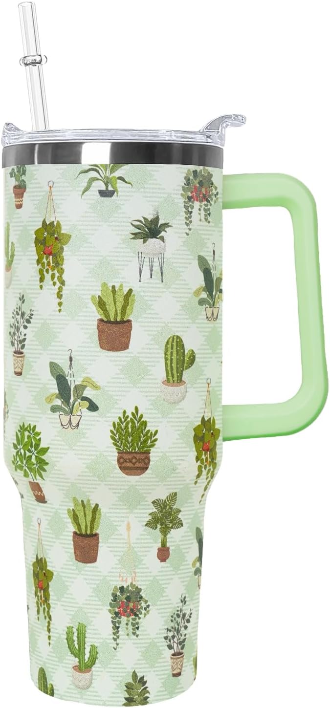 Ceovfoi 40oz Cactus Themed Insulated Tumbler with Handle, Coffee Mug Water Bottle with Lid Straw, Botanical Decor & Plant Enthusiast Gifts