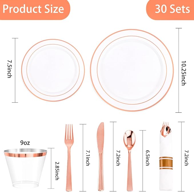 DaYammi 210PCS Rose Gold Plastic Dinnerware Set for 30 Guests, Mother's Day Plates for Party, Include: 30 Dinner Plates, 30 Dessert Platos, 30 Pre Rolled Napkins with Rose Gold Silverware, 30 Cups