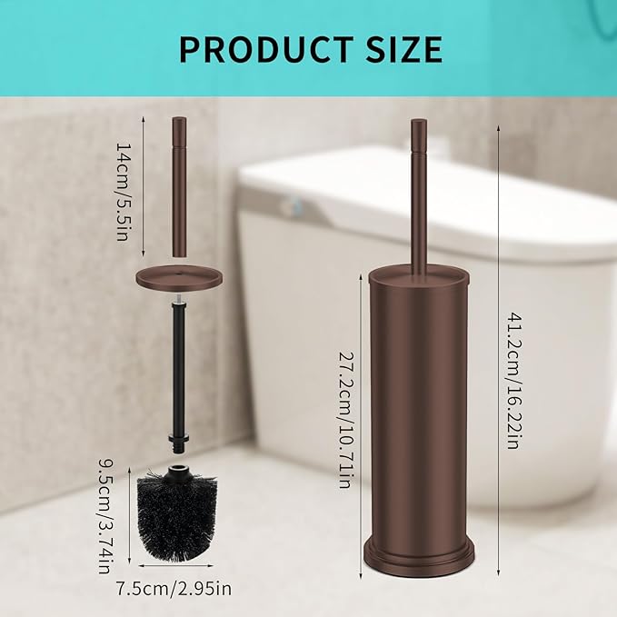 Bronze Toilet Brush and Holder Set,304 Stainless Steel Toilet Brush for Bathroom with Long Handle, Heavy Duty Toilet Bowl Brush,Removable Inner Bowl and Splash Protection,Deep Cleaning