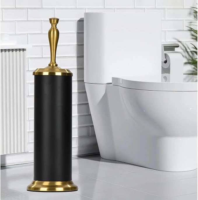 J&V TEXTILES Toilet Brush, Toilet Bowl Brush with Extra Long Handle Durable Bristles Toilet Scrubber and Covered Holder for Toilet Brush Set for Bathroom Cleaning (Matte Black/Aged Brass)