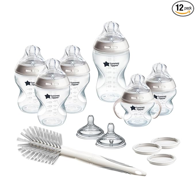 Tommee Tippee Natural Start 12 Piece BPA Free Bottle Set, Includes 2 x 5 oz, 3 x 9 oz, 1 x 11 oz Bottles, Newborn 0+ Months, Slow, Medium & Thicker Flow Breast-Like Nipples, Cleaning Brush, Clear