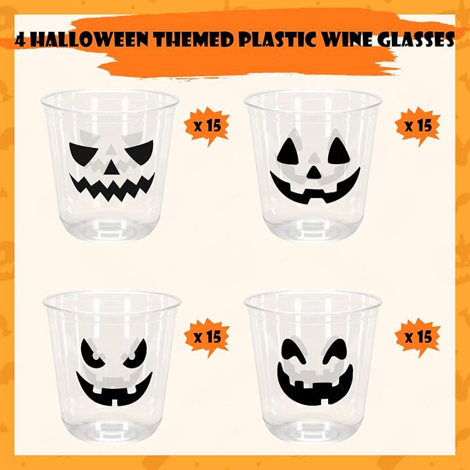 JarThenaAMCS 60Pcs Halloween Plastic Cups Spooky Pumpkin Face Disposable Clear Stemless Wine Cocktail Glasses 12 Oz PET Drinkware Cups Set for October Trick or Treat Birthday Party Supplies