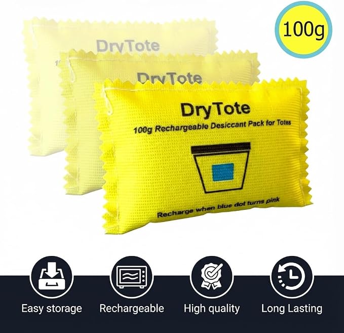DryTote Rechargeable Desiccant Packs (50 Pack), Silica Gel Moisture Absorber for Storage Bins & Totes, Color-Change Indicator, 100g, Yellow