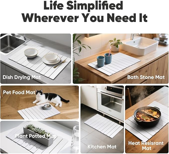Stone Drying Mat for Kitchen Counter, Quick Diatomaceous Earth Mats for Dishes, 23.6"L x 15.7" W Super Absorbent Fast-Drying Collapsible Countertop Stone Mat (White, 24" x 16")