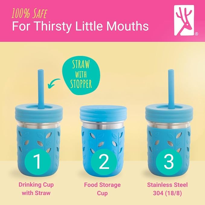 Elk and Friends 10oz Stainless Steel Kids + Toddler Drinking Cups | The Original Mason Jar with Sleeves + Lids | Silicone Straws | Smoothies | Storage Jar | Spill Resistant | Dishwasher Safe | 4 Pack