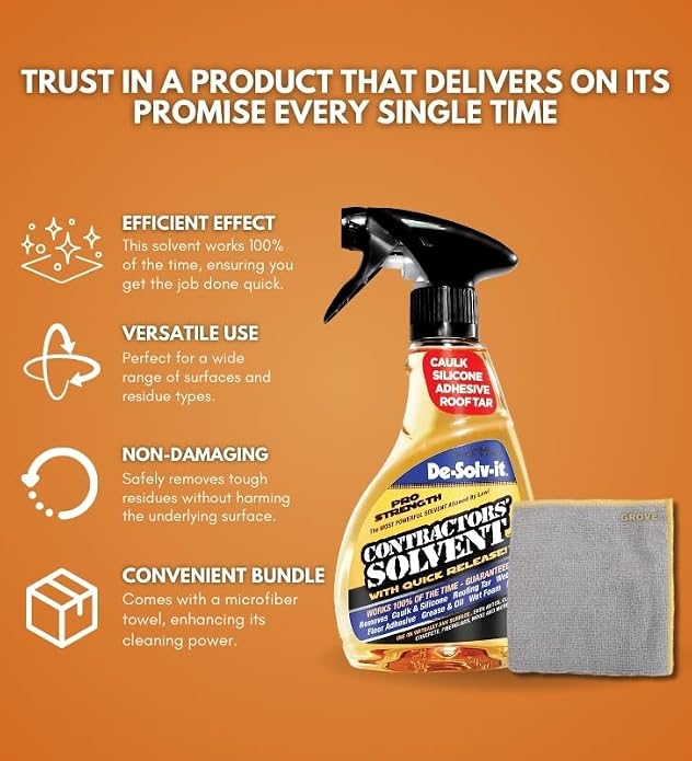 GROVE De-Solv-It Contractors Solvent Spray Bundle - Heavy Duty Degreaser & Concrete Dissolver - Caulk Remover, Floor Adhesive, Tar - No Harmful Vapors - Caulk Remover Solvent - Citrus Scent - 12 oz