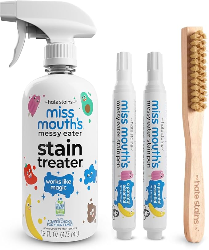 Miss Mouth's Messy Eater Stain Treater & Pen Bundle - 16oz Spray, Portable Stain Remover Pens & Laundry Brush - Spot Cleaner for Clothes, Carpet & On-the-Go