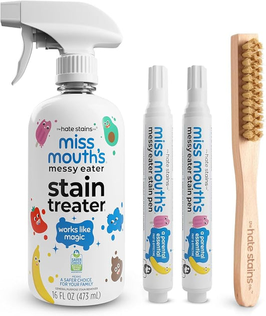 Miss Mouth's Messy Eater Stain Treater & Pen Bundle - 16oz Spray, Portable Stain Remover Pens & Laundry Brush - Spot Cleaner for Clothes, Carpet & On-the-Go
