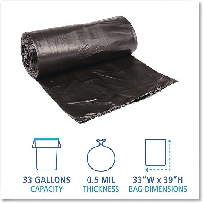 Boardwalk 3339H Medium-Grade Can Liners 33x39 33 Gal .50 Mil Black 25 Bags/RL 8 Rolls/CT