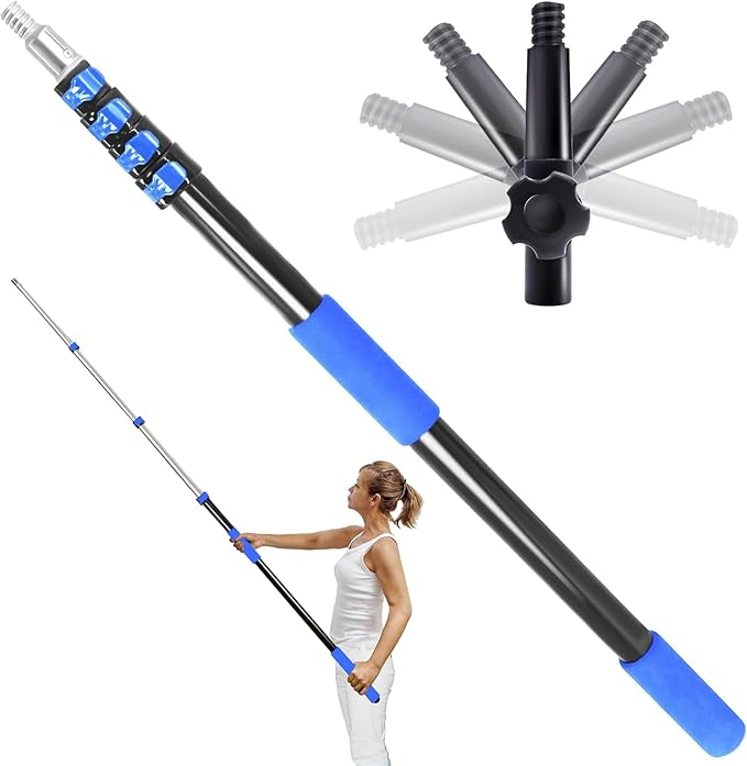 28FT Reach Telescopic Extension Pole, 5-20FT Multi-Purpose Extendable Pole with Universal Twist-on Metal Tip, Lightweight Sturdy Aluminum Paint Roller Extension Pole for Dusting Painting Cleaning