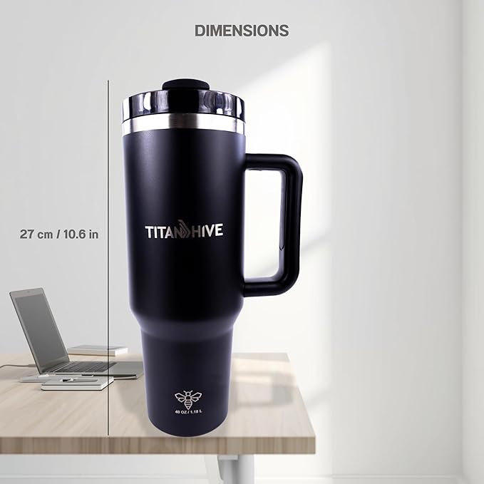 40 oz Insulated Stainless Steel Tumbler with Handle and Straw - Leak Resistant, Cup Holder Friendly Travel Mug (Matte Black)