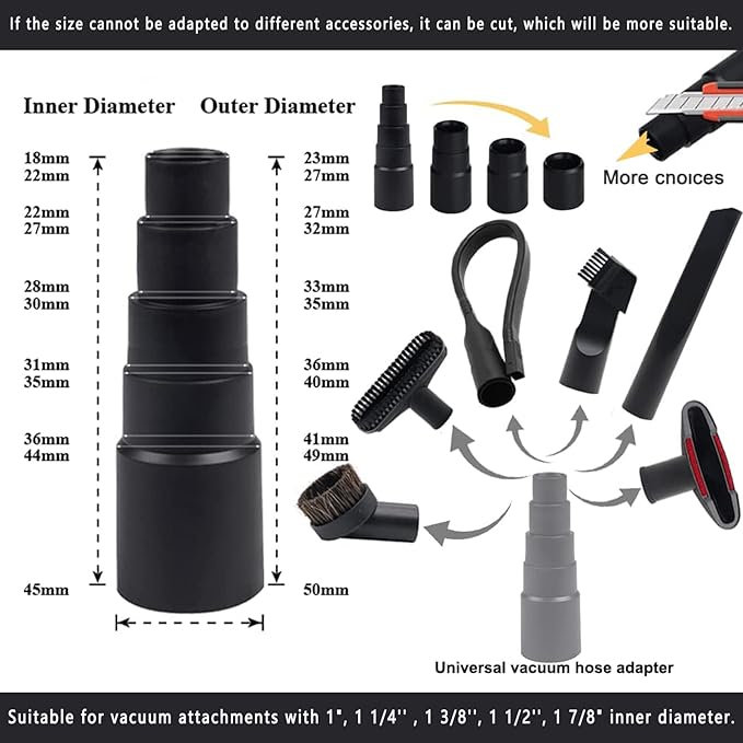 11PCS Universal Vacuum Attachment Kit Wet Dry Plastic Vacuum Hose Adapter 1-1/4" Vacuum Cleaners Accessories with Horse Hair Brush Extension Wand Flexible Crevice Tool Adapter for Shop Vac Accessories