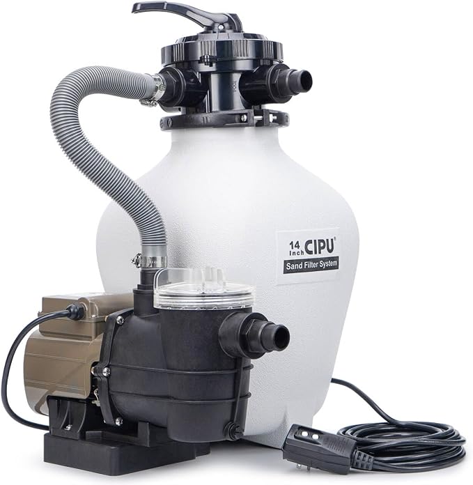CIPU 14 inch Sand Filter Pump System Handy 6-Way Valve for Above Ground Pools with 0.5HP Prefilter Pool Pump with Timer 115V 25FT Inline GFCI Power Cord for Easy Installation