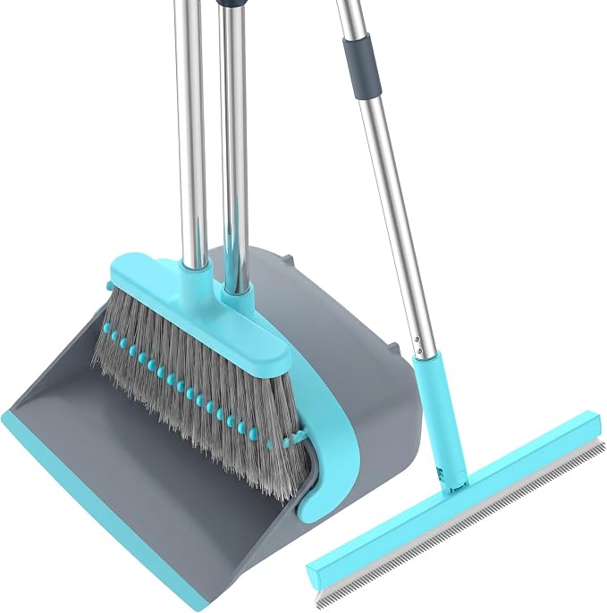 Broom with Dustpan Combo Set, Silicone Broom,Long Handle Broom with Upright Standing Dustpan, Squeegee - Broom for Indoor Cleaning 2+1,for Indoor Outdoor,Smooth Floors, Rugs