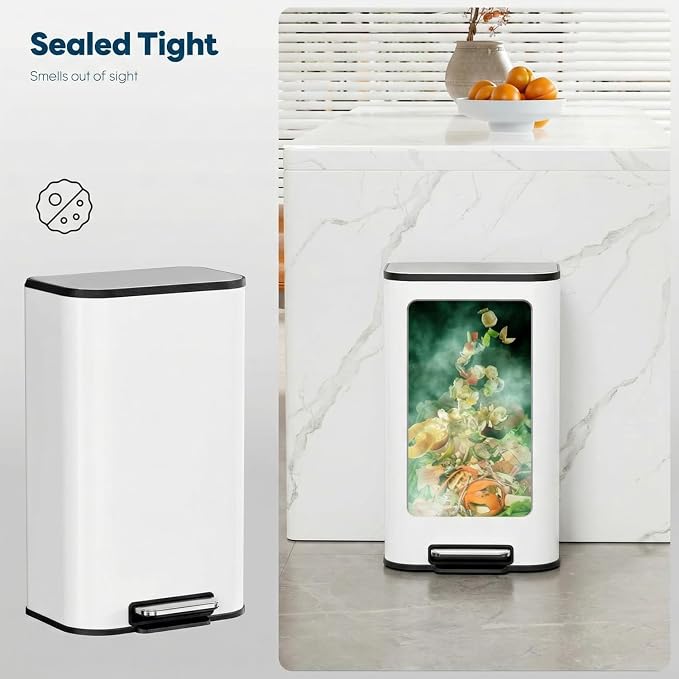 8 Gal/13.2 Gal Stainless Steel Kitchen Trash Can, Step Garbage Can with Soft-Close Lid & Removable Inner Bucket, Fingerprint-Proof Waste Bin with Wide Non-Slip Pedal for Home Office Bathroom