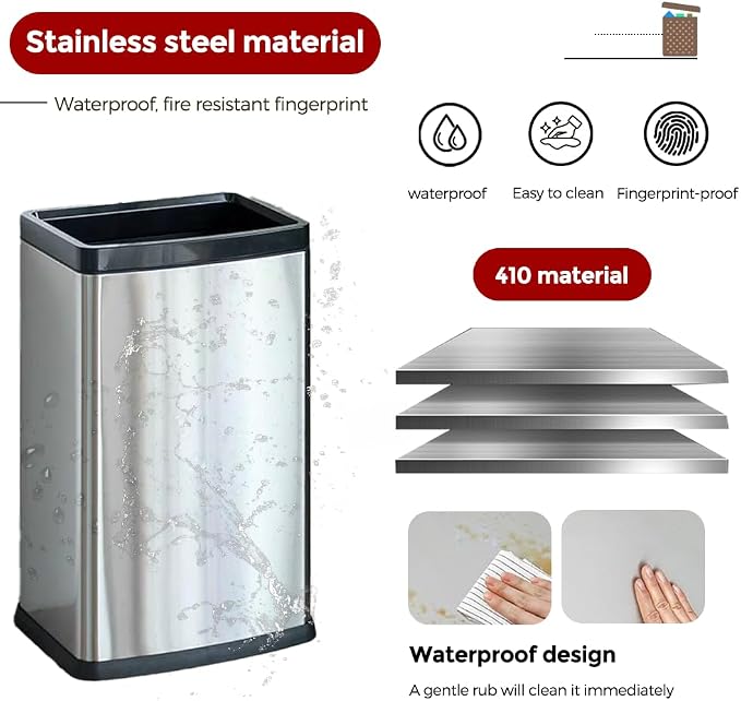 25L/6GALSquare Silver Garbage Can,Tall Kitchen Garbage Can,Silver Tall Trash can for Bathroom,Tall Stainless Steel dusbin for Commercial,Detached House