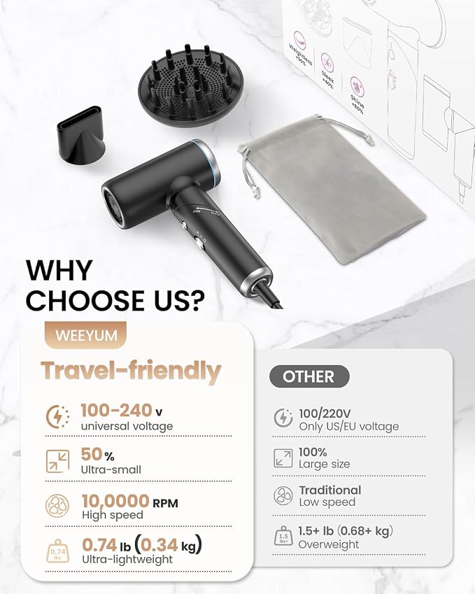 Dual Voltage Hair Dryer Travel Europe Foldable, High Speed Ionic Blow Dryer Fast Drying,100-240V Portable Dryers with Magnetic Nozzles,1300W, Black