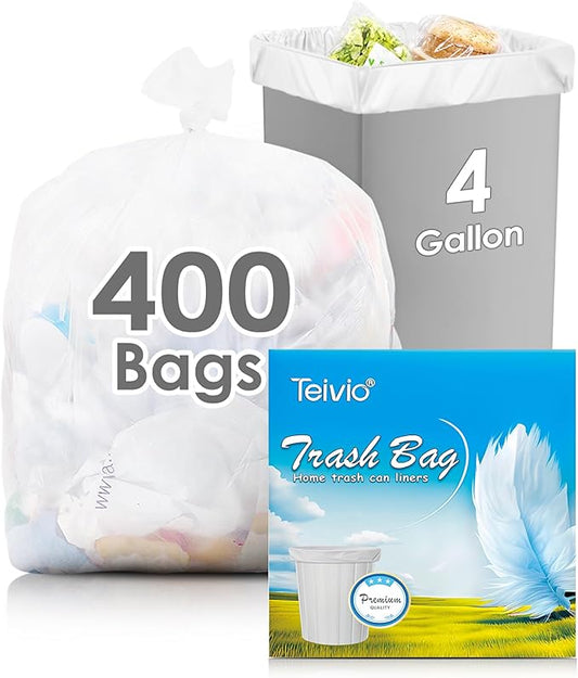 Teivio 4 Gallon 400 Counts Clear Trash Bags Garbage Bags, Mini Waste Basket Liners,Bathroom Trash Can Bin Liners, Small Plastic Bags for Home Office Kitchen Car Bedroom Dog waste Baby Diaper
