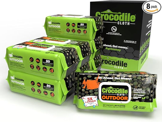 Crocodile Cloth Outdoor Cleaning Wipes, Plant-Based Multi-Surface Wipes, Pre-Moistened, Aloe & Vitamin E, Safe on Skin, 640 Count (8 Packs of 80), 15 x 10 Inch