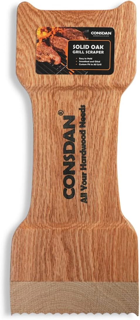 CONSDAN Wood Grill Scraper, Soild Oak Wooden Grill Brush, Grill Scraper for Outdoor Grill, Bristle Free Grill Scrapers, Grill Grate Cleaner Safe Wood Grill Brusher