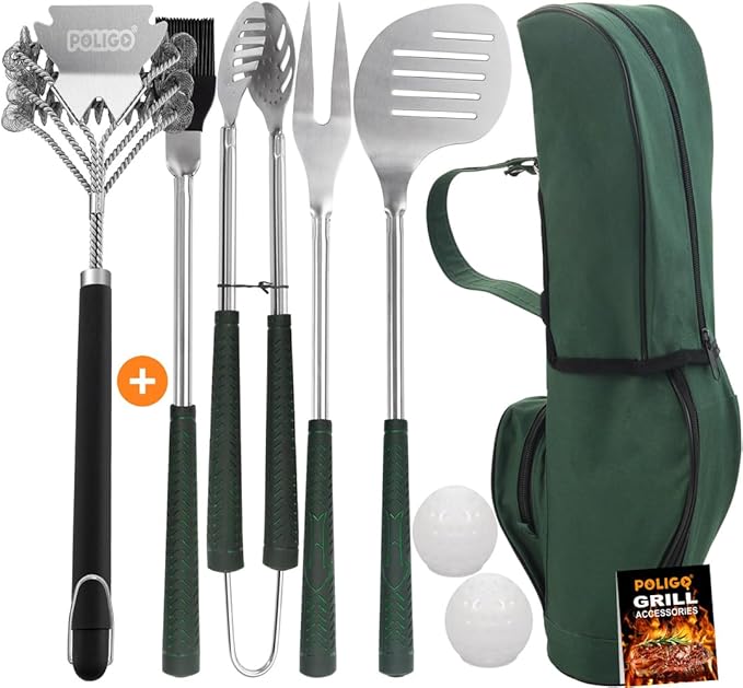 POLIGO 18" Safe Grill Brush and Scraper Bristle Free for All Grills Bundle with 7PCS Golf-Club Style Grill Accessories Set with Rubber Handle - Grilling Set Ideal Christmas Birthday Gifts for Men Dad