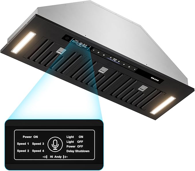 BRANO Range Hood Insert 36 Inch, 900 CFM Voice/Gesture/Touch Control Build-in Kitchen Hood Vent with 4 Speed Exhaust Fan, Memory Mode, Adjustable Lights, Ducted/Ductless Convertible