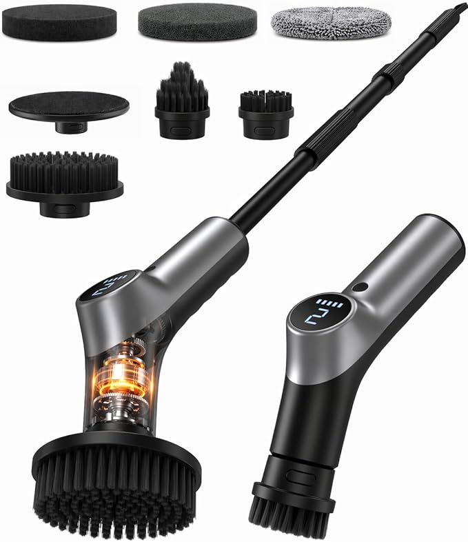 Electric Spin Scrubber,Power Shower Scrubber with 6 Replaceable Brush Heads,120 Mins Runtime Cleaning Brush with Adjustable Extension Arm with 6 Additional Spong scouring Fiber pad