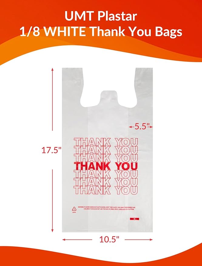 UMT Plastar 1000 Count White Thank You Plastic T-Shirt Bags with Handles, 10.5" x 5.5" x 17.5" (1/8 Size), 14 Mic Grocery Bags for Retail, Shopping, Takeout, Convenience Stores & Small Trash Bags